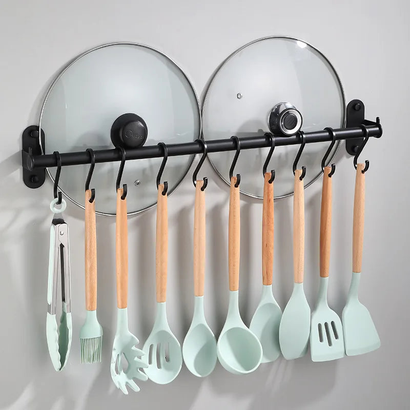 Elevate Your Kitchen Organization with Our Stylish Aluminum Wall Mounted Hook Rack – Perfect for Utensils, Chopping Boards, and More!